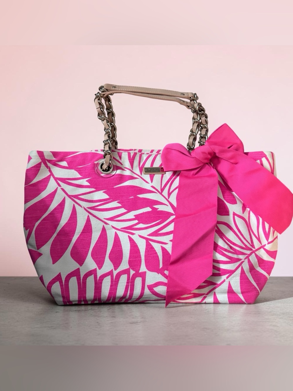 Authentic Kate Spade Pink Tropical Palm Leaf Tote Bag with Chain Straps and Bow